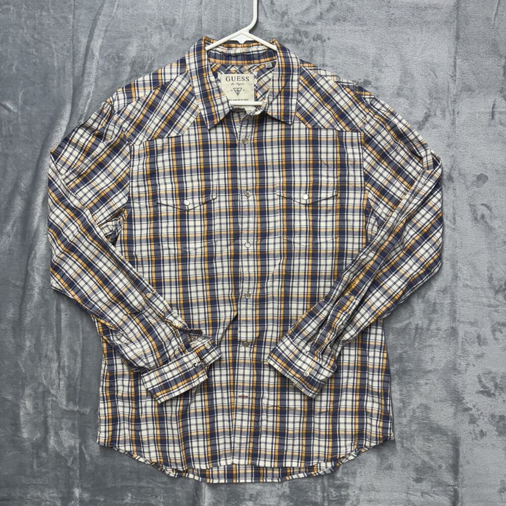 Guess Shirt Mens XL Blue White Plaid Pearl Snap Long Sleeve Cowboy Western